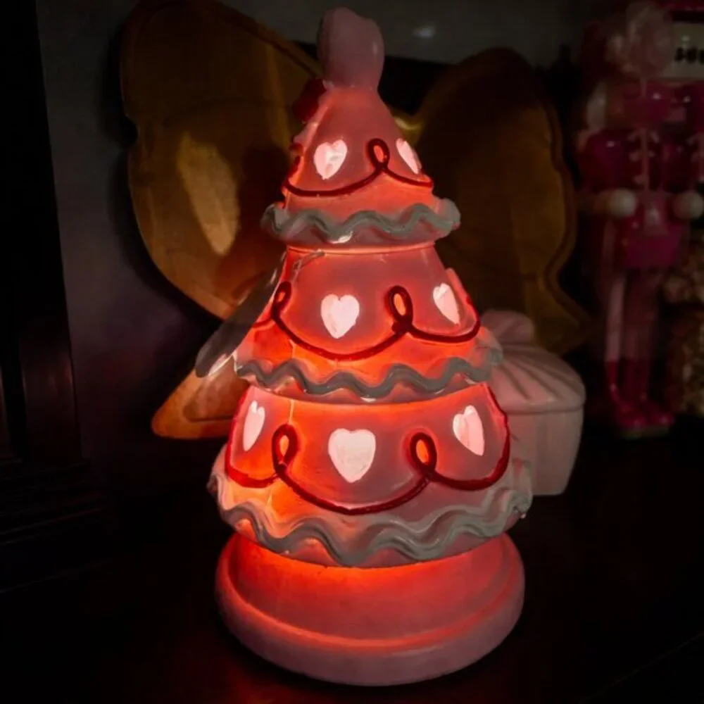 Pink Valentine Light Up Cake Tree Decor Heart Cutouts Bow Tabletop NWT